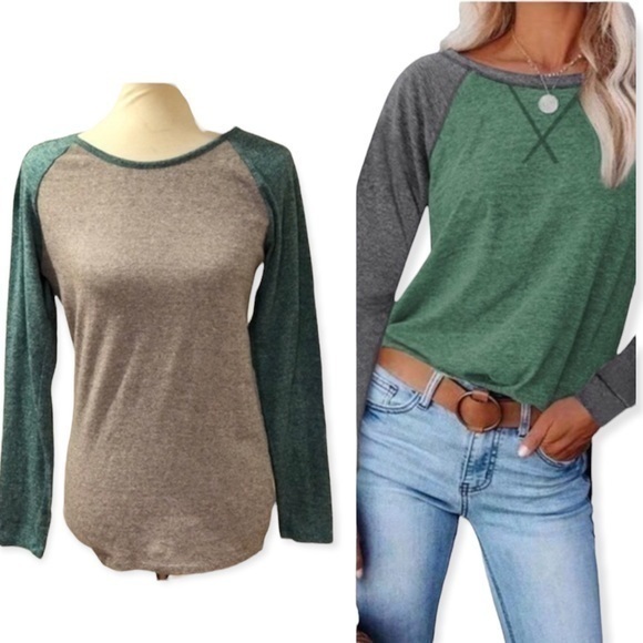 Soft long raglan sleeves top gray and green - Picture 1 of 5